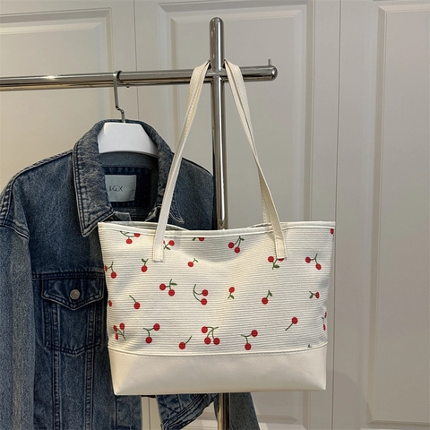 Cherry Print Tote Bag Canvas Corduroy PU Leather Stitching Large Capacity Casual Shoulder Bag Women Commuter