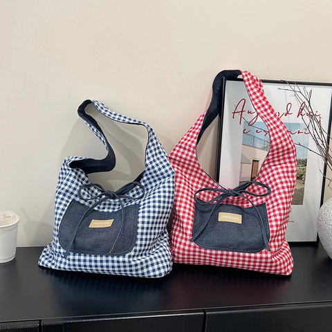 Borsa Tote Gingham Reversibile Grande Capacità Donna Denim Patchwork Tela Borsa A Spalla Con Fiocco Casual Chic