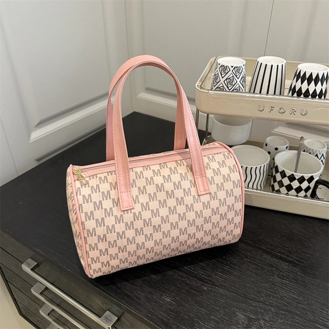 Bolso De Mano Boston Cuero PU Letra M Monograma Impresión Cremallera Espacioso Viaje Diario Vintage Mujeres