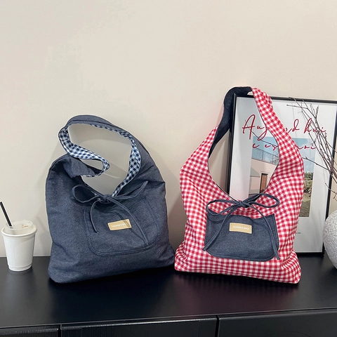 Borsa Tote Gingham Reversibile Grande Capacità Donna Denim Patchwork Tela Borsa A Spalla Con Fiocco Casual Chic