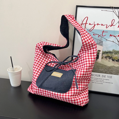 Sac Fourre-tout en Toile à Carreaux pour Femmes Grande Capacité Patchwork Denim Sac à Épaule Avec Décoration de Nœud Style Coréen Décontracté