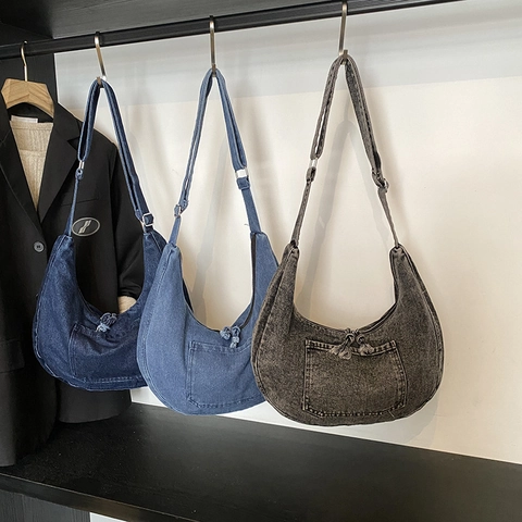Bolso Hobo De Mezclilla Para Mujer Algodón Lavado Retro Bolso De Hombro Creciente Con Correa Ajustable Gran Capacidad