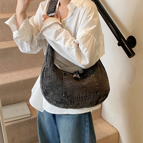 Bolso Hobo De Mezclilla Para Mujer Algodón Lavado Retro Bolso De Hombro Creciente Con Correa Ajustable Gran Capacidad