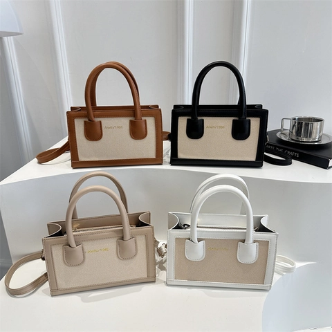 Bolso Bandolera Mujer Lona Cuero PU Patchwork Color Contraste Vintage Bolso De Mano Rectángulo Estilo Conmutar