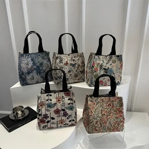 Borsa Tote da Donna Vintage in PU Jacquard con Fiori e Farfalle Stile Pastorale Artistico Grande Capacità Borsa a Tracolla