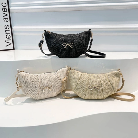 Dames Zomer Strovlechtwerk Schoudertas PU Leer Strik Decoratie Halve Maan Dumpling Crossbody Tas Mode Casual Handtas