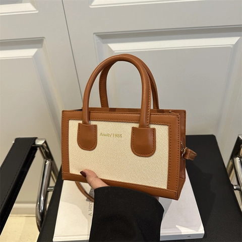 Bolso Bandolera Mujer Lona Cuero PU Patchwork Color Contraste Vintage Bolso De Mano Rectángulo Estilo Conmutar