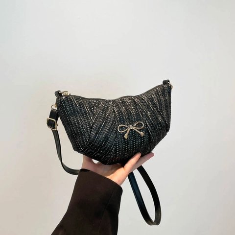 Sac Bandoulière Croissant En Paille Tissée Femme Décor Nœud Métal Sac Épaule Plage Été Bandoulière Cuir PU Fermeture Éclair