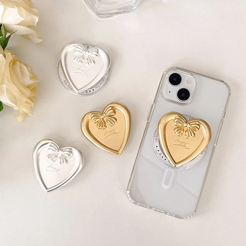 Heart Shape Bowknot Magnetic Phone Holder Electroplated Retractable Grip Stand Desktop Fashion Cute Metal Decor