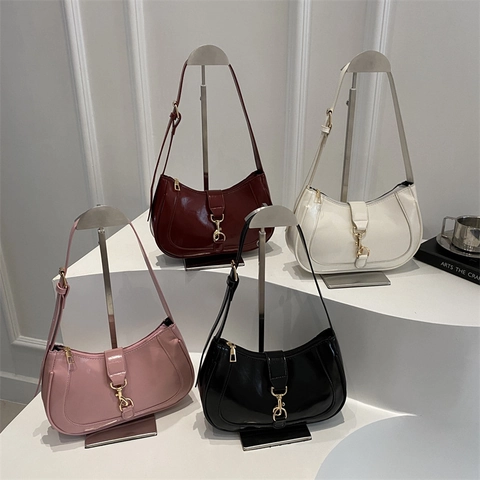 Borsa Hobo A Mezzaluna Minimalista Pelle PU Lucida Borsa A Spalla Vintage Con Chiusura Dorata Per Donna