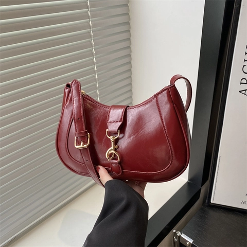 Fashion Women PU Leather Half Moon Underarm Bag With Golden Metal Hook Minimalist Solid Color Shoulder Crossbody Bag