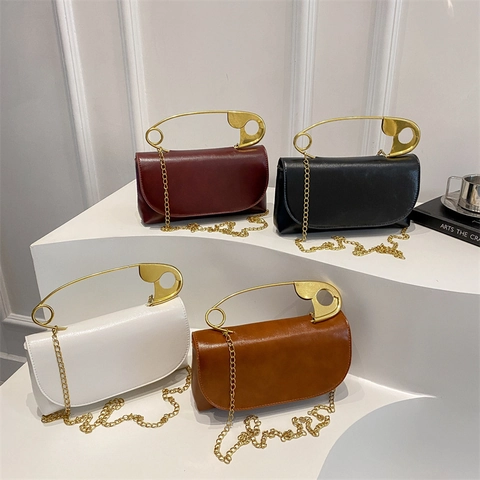 Borsa Tracolla Donna Pelle PU Grande Manico Spilla Da Balia Dorata Catena Metallica Piccola Borsa A Spalla Chic