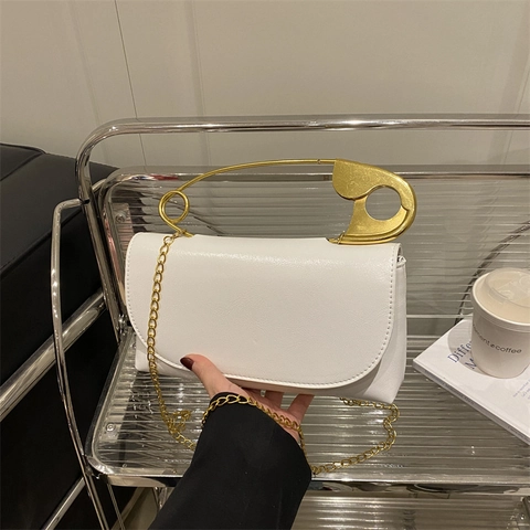 Borsa Tracolla Donna Pelle PU Grande Manico Spilla Da Balia Dorata Catena Metallica Piccola Borsa A Spalla Chic