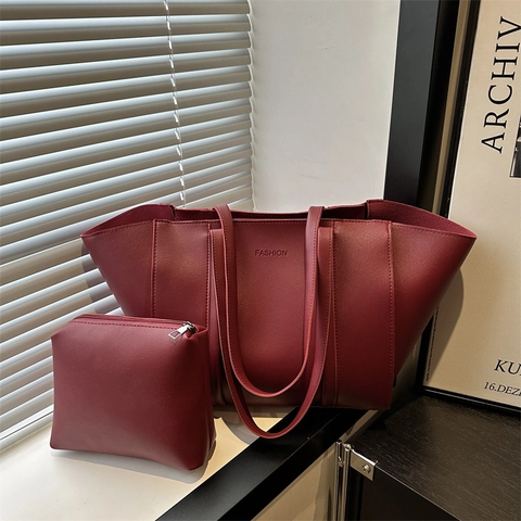 Ensemble Sac Fourre-Tout et Pochette en Cuir PU Minimaliste pour Femmes Grande Capacité Sac à Épaule Quotidien FASHION