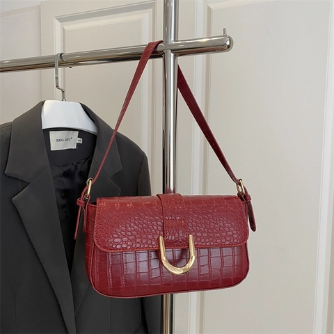 Retro Okseltas Van PU-Leer Met Krokodillenpatroon Dames Schouder Baguette Tas Met Gouden U-Vormige Gesp Voor Woon-Werkverkeer