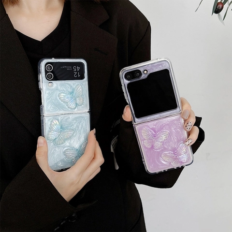 Folding Phone Case For Samsung Z Flip 6 5 Z Fold 5 4 3D Butterfly Glitter Bling Pearlescent TPU PC Protective Shockproof Cover
