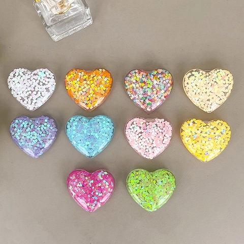 Heart Shaped Phone Griptok Transparent Acrylic Expanding Stand Sparkly Sequins Heart Foldable Adhesive Mobile Support