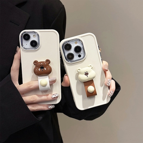 Funda Para Teléfono Con Soporte 3D De Oso Lindo TPU Silicona Antichoque Carcasa Protectora Con Correa De Cuero Para iPhone