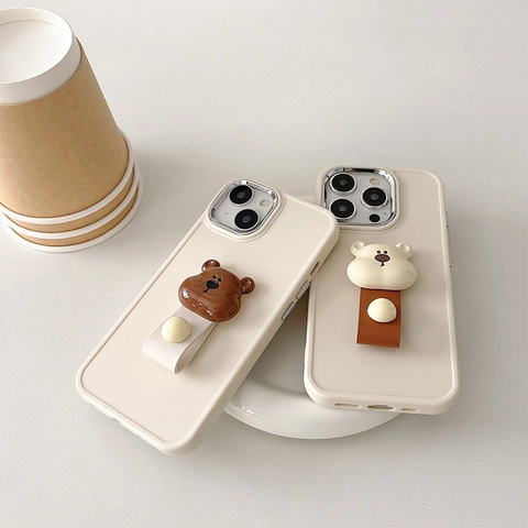 Funda Para Teléfono Con Soporte 3D De Oso Lindo TPU Silicona Antichoque Carcasa Protectora Con Correa De Cuero Para iPhone
