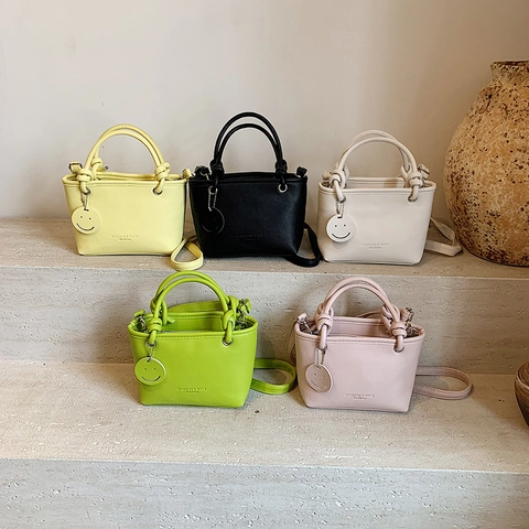 Women Handbag PU Leather Lychee Texture Crossbody Shoulder Bag Knotted Handle Smiley Face Charm Minimalist Fashion