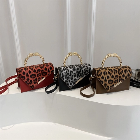 Bolso Bandolera Mujer Estampado Leopardo Piel Sintética Asa Metálica Color Contraste Pequeño Bolso Cuadrado Hombro