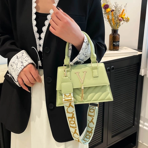 Women PU Leather Handbag Crossbody Square Bag With Metal V Logo Tassel Quilted Chevron Pattern And Wide Printed Strap