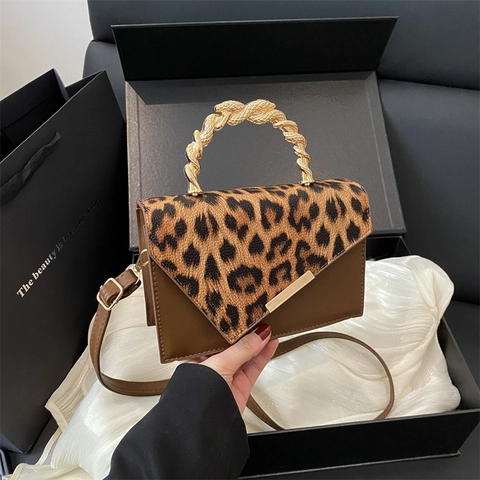 Bolso Bandolera Mujer Estampado Leopardo Piel Sintética Asa Metálica Color Contraste Pequeño Bolso Cuadrado Hombro