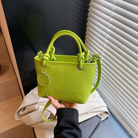 Women Handbag PU Leather Lychee Texture Crossbody Shoulder Bag Knotted Handle Smiley Face Charm Minimalist Fashion