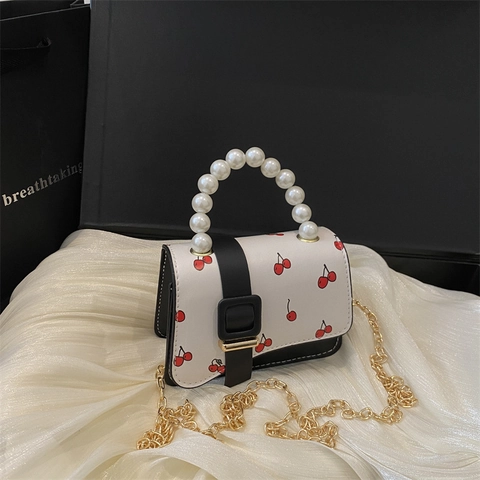 Mini Bolso Bandolera De Cuero PU Estampado Cereza Asa De Perlas Artificiales Correa De Cadena Metálica Bolso Cuadrado Para Mujer