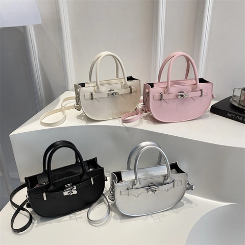 Solid Color PU Leather Half Moon Crossbody Handbag With Metal Turn Lock Fashionable Versatile Top Handle Bag For Women