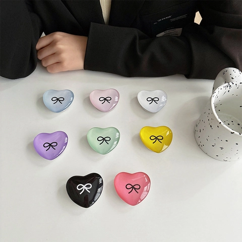 Heart Shape Phone Socket Stand Acrylic Crystal Glass Bow Pattern Retractable Expanding Grip Cute Korean Ins Style