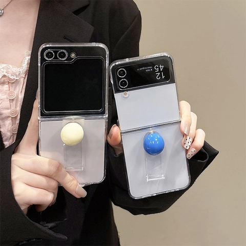 Transparent Foldable Phone Case For Samsung Galaxy Z Flip Fold With Colorful Ball Ring Grip Stand Anti-fall Clear
