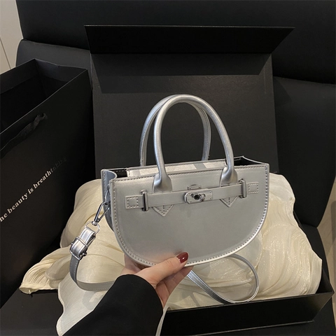 Solid Color PU Leather Half Moon Crossbody Handbag With Metal Turn Lock Fashionable Versatile Top Handle Bag For Women