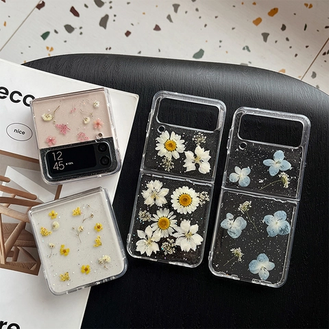 Foldable Phone Case Clear Transparent With Real Dried Flowers And Glitter Sparkle Floral Protective Shell For Women