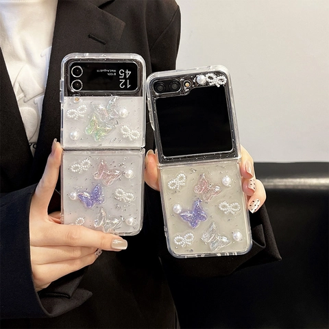 Butterfly Artificial Pearl Case For Samsung Galaxy Z Flip Fold Frosted Silver Foil Glitter Anti Fall Hard Shell Elegant Phone Cover