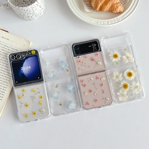 Foldable Phone Case Clear Transparent With Real Dried Flowers And Glitter Sparkle Floral Protective Shell For Women