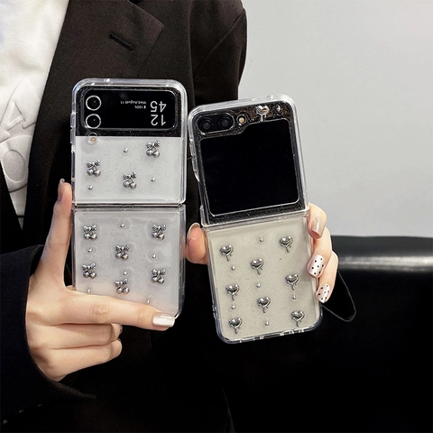 Custodia Per Telefono Pieghevole In TPU Trasparente Glitterato Con Ciondoli 3D Fiocco Cuore Ciliegia Cover Protettiva Antiurto Moda Lusso