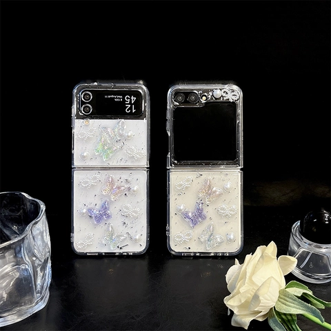 Butterfly Artificial Pearl Case For Samsung Galaxy Z Flip Fold Frosted Silver Foil Glitter Anti Fall Hard Shell Elegant Phone Cover