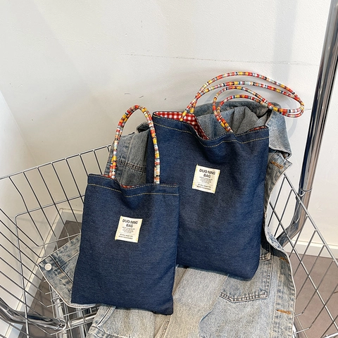 Borsa Tote Da Donna Grande Capacità Denim Tela Gingham Patchwork Casual Commuter Borsa A Mano Con Manico Intrecciato Colorato
