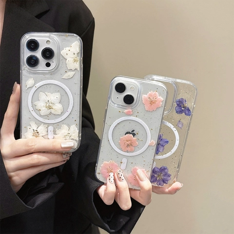 Magnetic Phone Case With Real Dried Flowers And Gold Foil Transparent Shockproof Floral Protective Cover For Smartphone