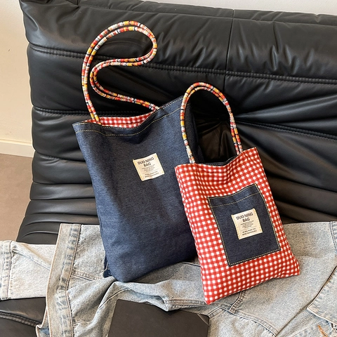 Vintage PU Plaid Denim Tote Bag For Women Fashion Colorful Braided Handle Shoulder Bag Casual Large Capacity Shopping Bag