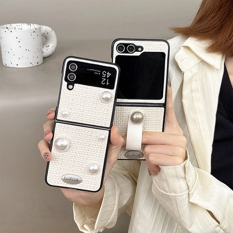Folding Phone Case Tweed Weave Fabric Artificial Pearl Finger Ring Strap Holder Anti Drop Luxury Style Retro