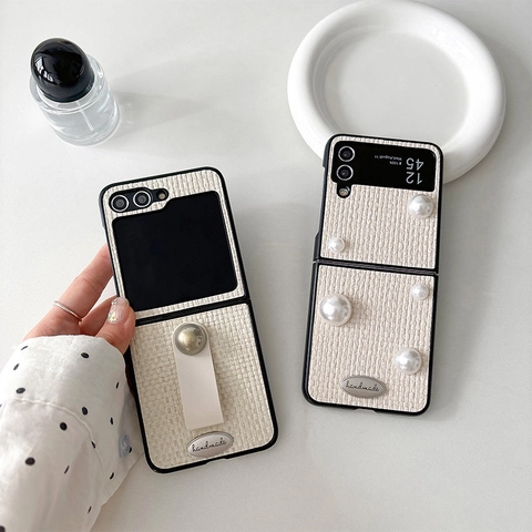 Folding Phone Case Tweed Weave Fabric Artificial Pearl Finger Ring Strap Holder Anti Drop Luxury Style Retro