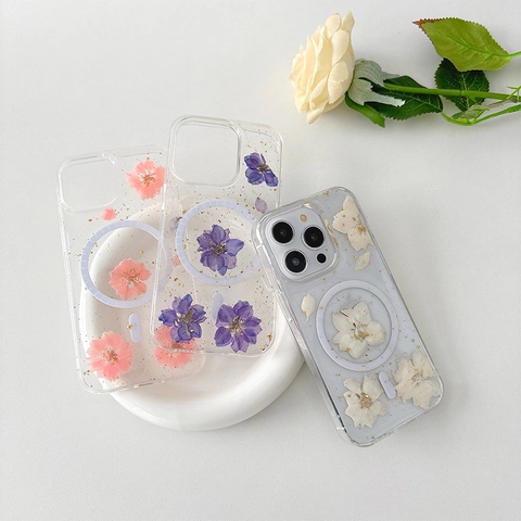 Magnetic Phone Case With Real Dried Flowers And Gold Foil Transparent Shockproof Floral Protective Cover For Smartphone