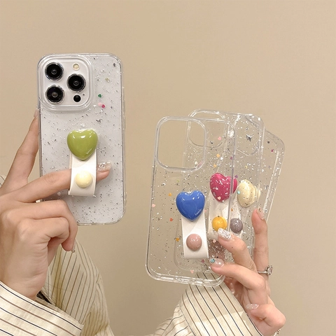 Silver Foil Glitter Phone Case With Heart Ring Holder Hand Strap TPU Clear Shockproof Protective Cover For Smartphone