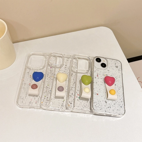 Silver Foil Glitter Phone Case With Heart Ring Holder Hand Strap TPU Clear Shockproof Protective Cover For Smartphone