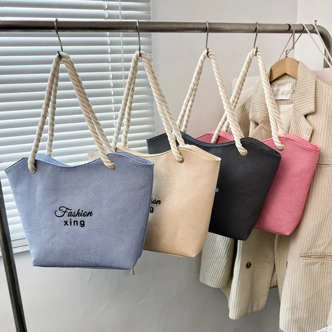 Damen Mode Canvas Tote Bag Große Kapazität Buchstaben Druck Seil Griff Lässige Schulter Handtasche