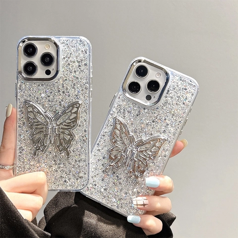 Custodia Per Telefono Glitterata Con Supporto A Farfalla Cava In Metallo Cornice Galvanizzata TPU Antiurto Lusso Elegante