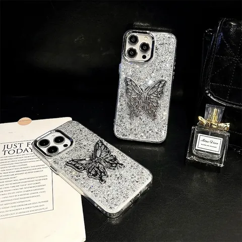Custodia Per Telefono Glitterata Con Supporto A Farfalla Cava In Metallo Cornice Galvanizzata TPU Antiurto Lusso Elegante