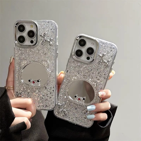 Funda De Teléfono Con Purpurina Plateada Espejo De Oso Y Perro Globo 3D Accesorio De Moda Elegante De Lujo Para Mujer